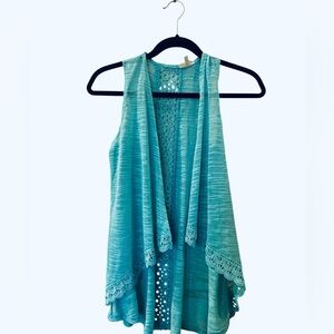 Self Esteem Teal Lace Back Open Front Vest Sheer Layering Cardigan Size: Medium